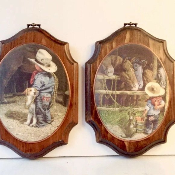 Set of 2 Beaded Glass Wall Plaques of Cowboy Child - Picture 2 of 7